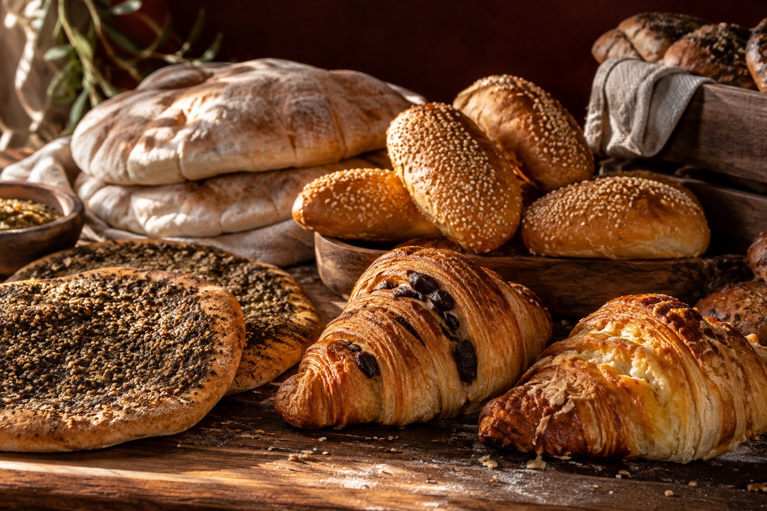 An inviting assortment of Lebanese bread, samoon, croissants and manakish on a bakery counter